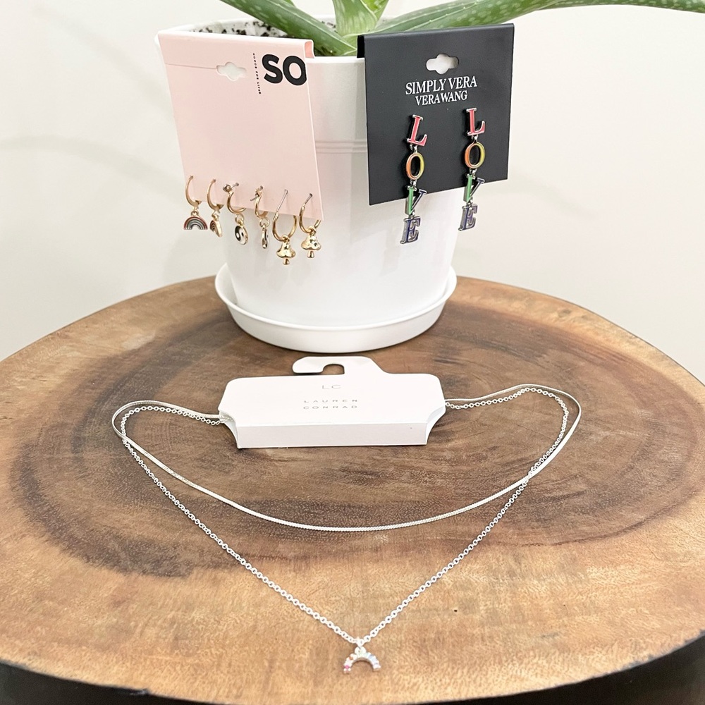 Pride month: Rainbow, peace sign, mushroom love earrings silver rainbow necklace